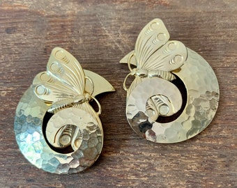 Large Gold Butterfly Spiral Earrings, 80s Butterfly Clip On Earrings