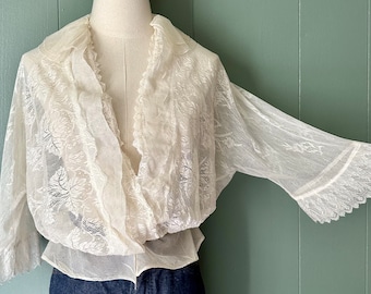 Antique Lace Blouse, Floral Off White Net Lace Blouse with Flouncey Ruffle Cuffs, Waist and Collar