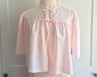 Vintage 1960s Pink Bed Jacket, Embroidered Eyelet Lace Chiffon and Pink Jacket