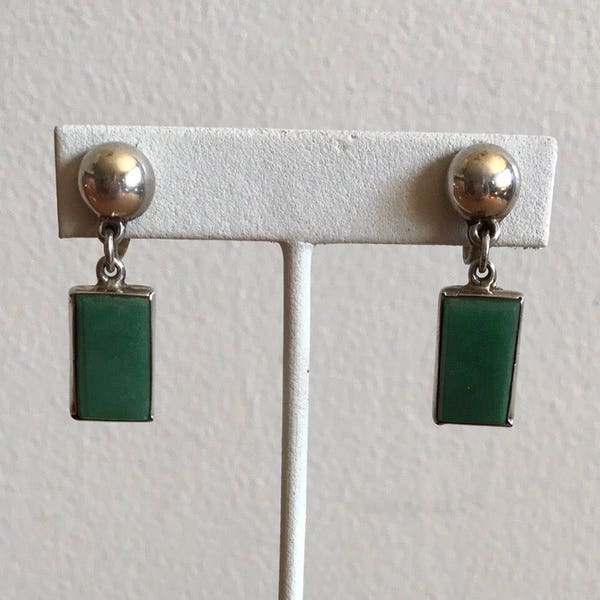 1930s or 40s Art Deco Green and Silver Rectangular Drop Earrings, Frosted Glass, Green Stone Screw Back Earrings