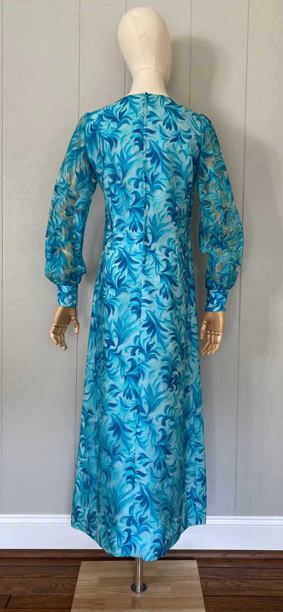 60s/70s turquoise blue floral dress, blue leaf pa… - image 2