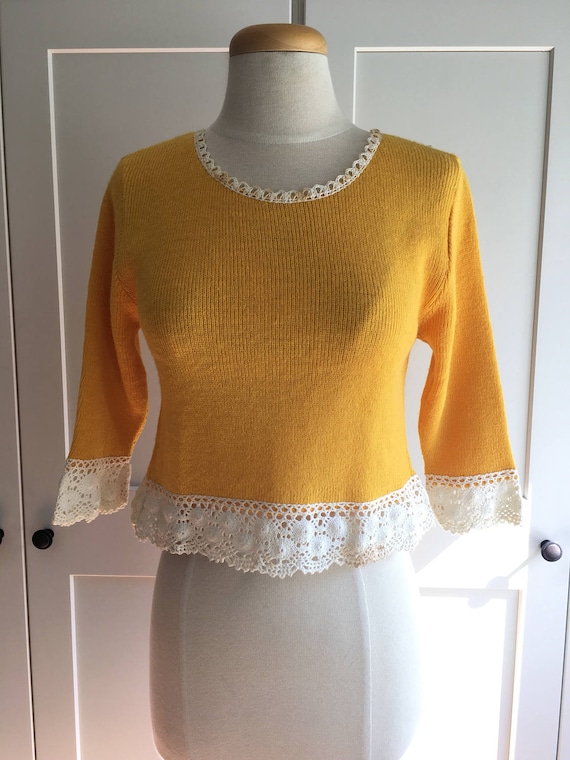 1970s Sunshine Yellow Cropped Sweater with Crochet