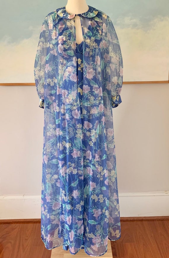 70s/80s Blue Floral Peignoir Set, Nightgown and Ro