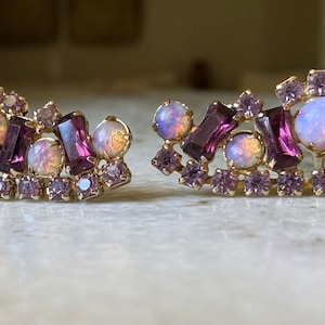 Vintage purple prong set rhinestone and faux pink opal necklace and clip on earrings set. image 5