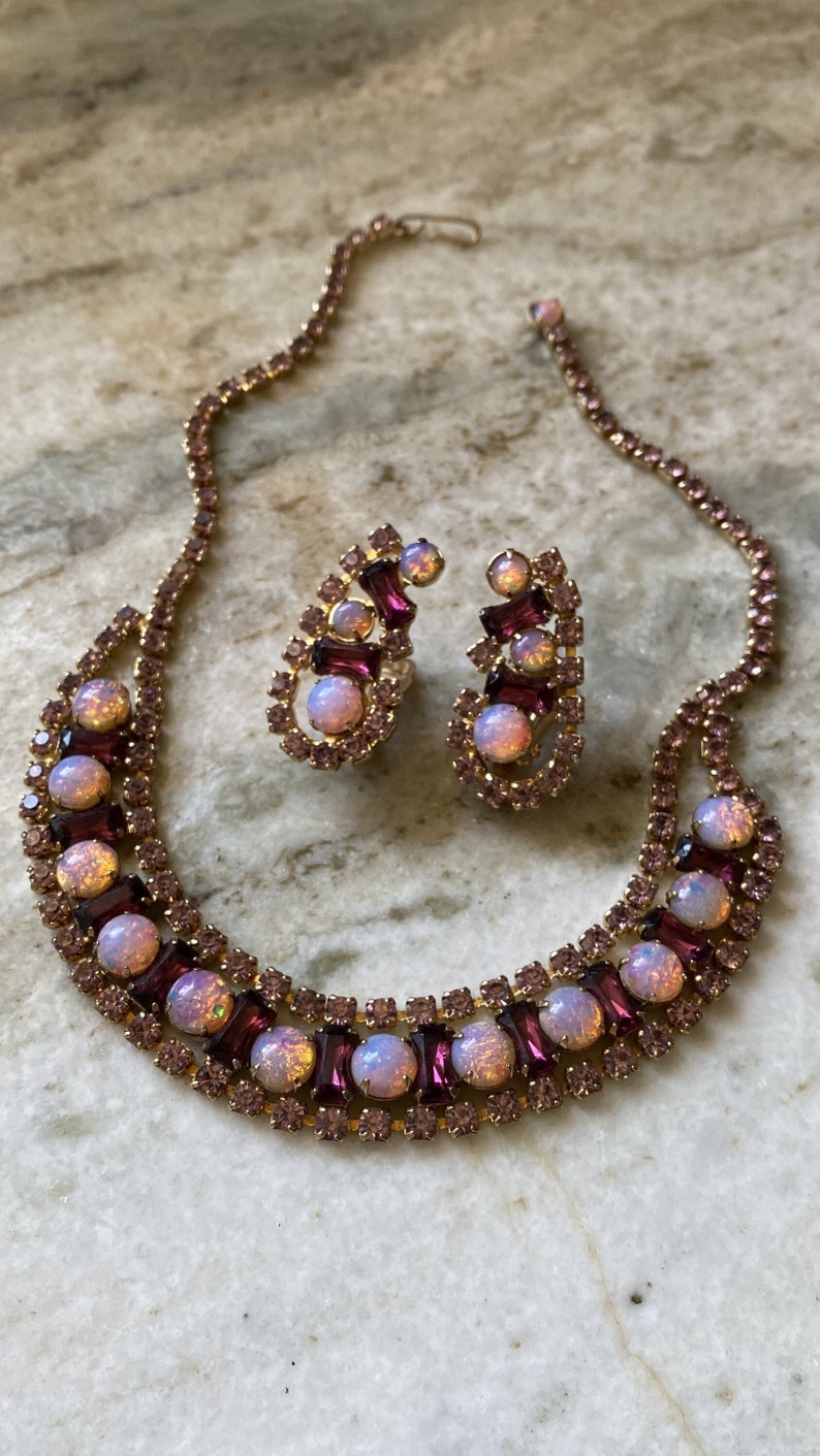 Vintage purple prong set rhinestone and faux pink opal necklace and clip on earrings set. image 1