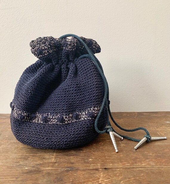 1940s Drawstring Navy Blue Cord Purse, Handmade Crochet Bag