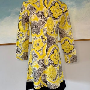 Late 60s, Early 70s Yellow and Black Paisley Mini Dress image 2