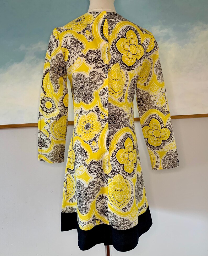 Late 60s, Early 70s Yellow and Black Paisley Mini Dress image 2