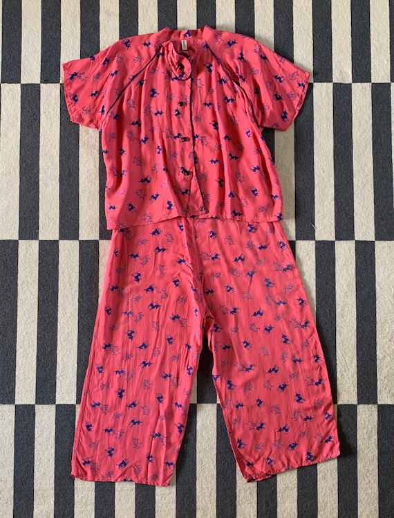 1940s Cold Rayon Pink Pajamas with Donkey Print, L