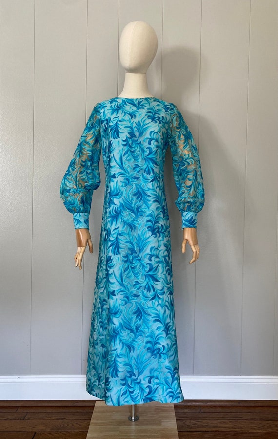 60s/70s turquoise blue floral dress, blue leaf pa… - image 1