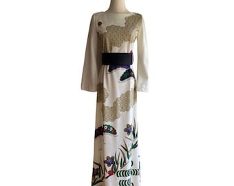 1970s Alfred Shaheen white maxi dress with trees and sun moon design, floral botanical maxi dress