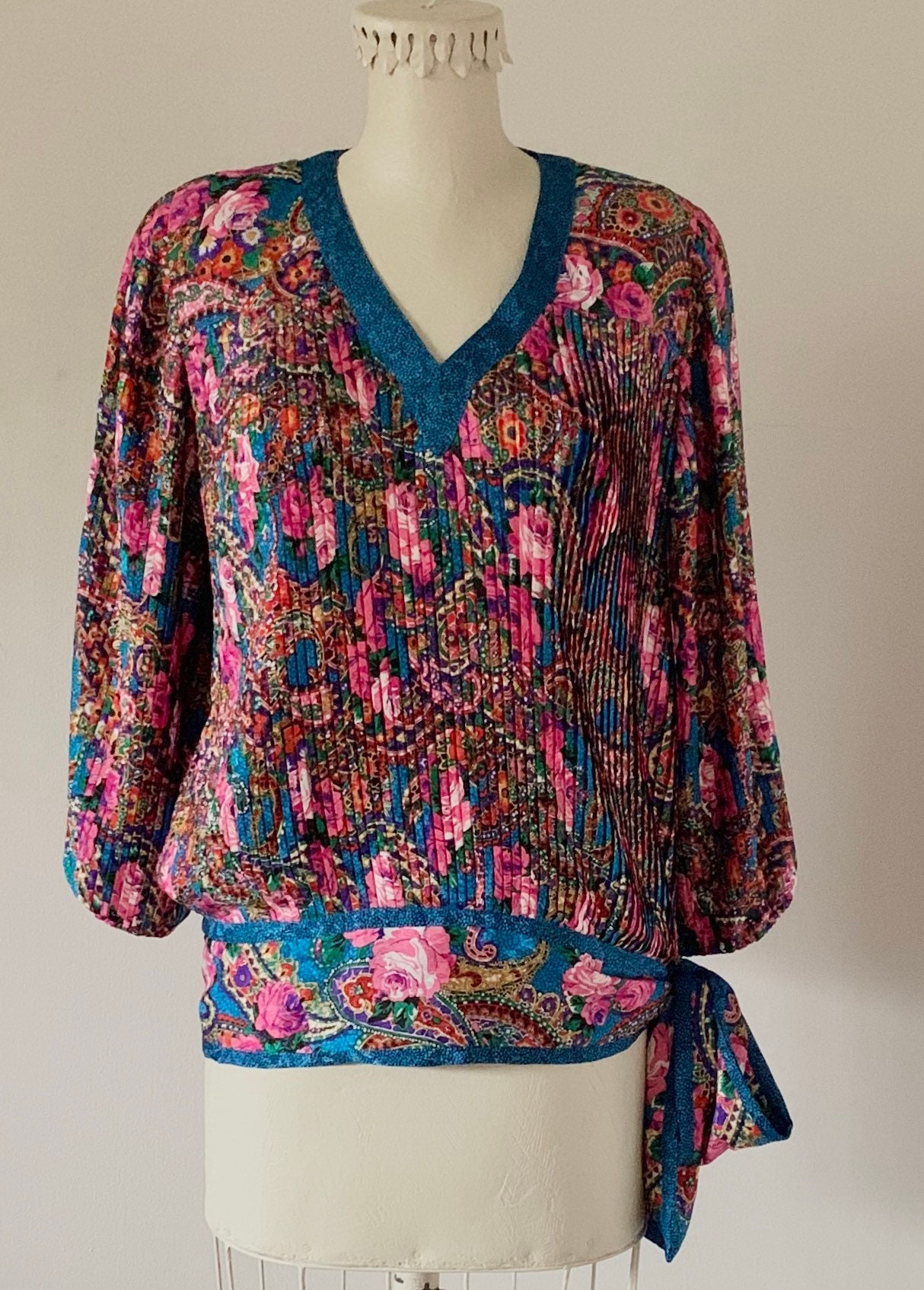 1980s Diane Freis Pleated Drop Waist Floral Blouse With Bow - Etsy