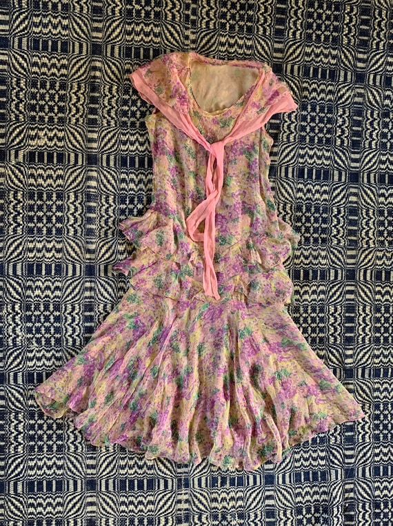 Late 1920s Early 1930s Silk Chiffon Dress, Floral