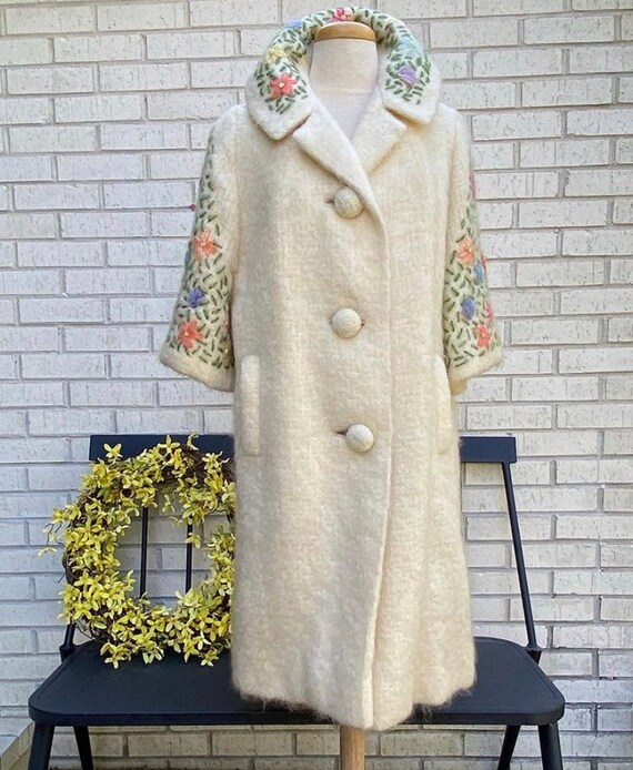 1950s vintage mohair coat, gold floral embroidery,