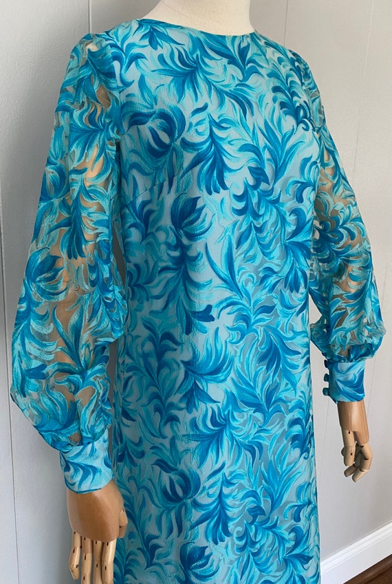 60s/70s turquoise blue floral dress, blue leaf pa… - image 4