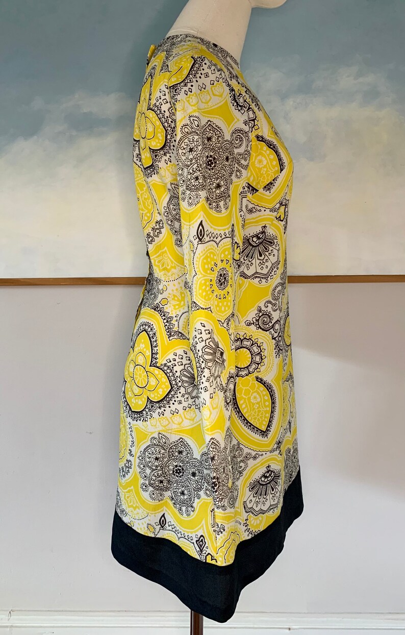 Late 60s, Early 70s Yellow and Black Paisley Mini Dress image 4