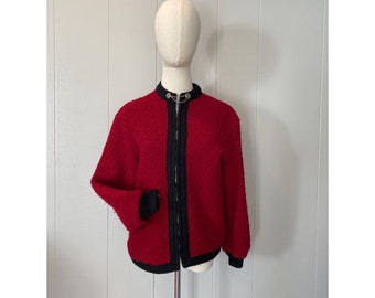 50s Vintage Merlot Red Boucle Ski Jacket, 50’s Ski Trail Sportswear Bomber Jacket