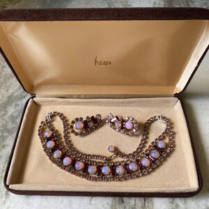 Vintage purple prong set rhinestone and faux pink opal necklace and clip on earrings set. image 3