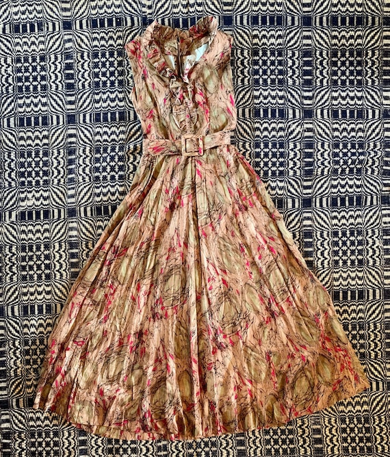 Late 1960s Gauzy Beige Maxi Dress with Mid Century