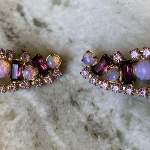 Vintage purple prong set rhinestone and faux pink opal necklace and clip on earrings set. image 6