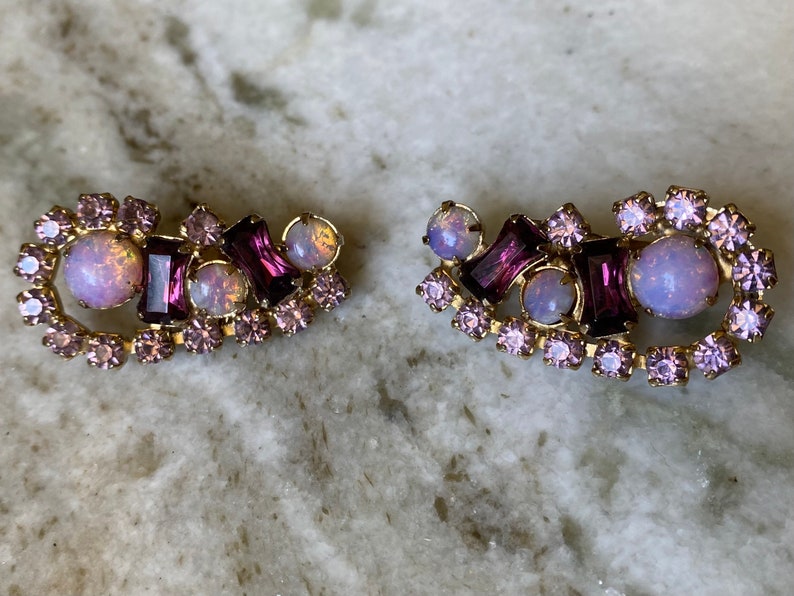 Vintage purple prong set rhinestone and faux pink opal necklace and clip on earrings set. image 6