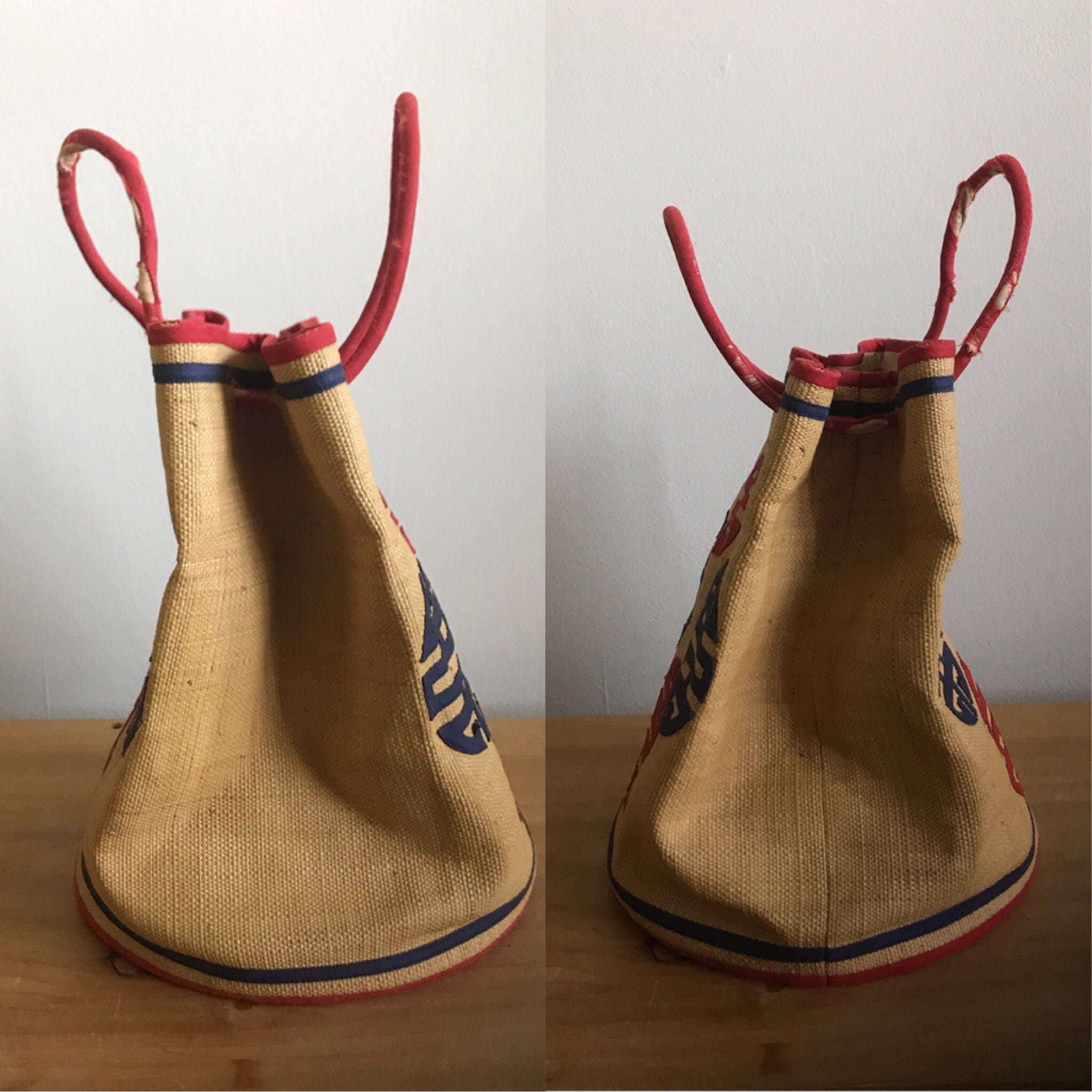 1940s Woven Straw Drawstring Bag with Red and Blue Asian Etsy