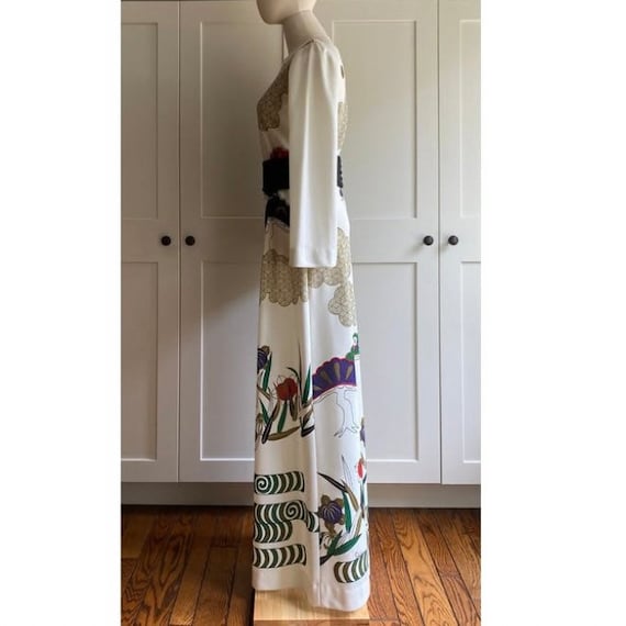 1970s Bright Red Alfred Shaheen Maxi Dress with Bell Sleeves