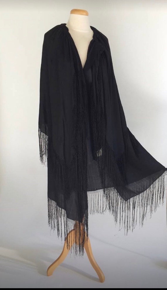 Antique black silk cape with double layer, fringe… - image 1