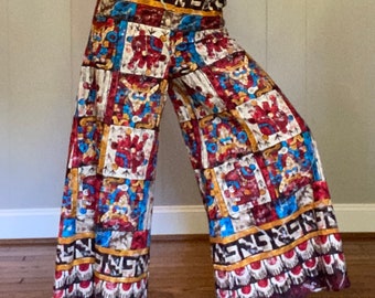 Vintage Hawaiian Batik Wide Leg Pants, Vintage 1960s/1970s Print Palazzo Pants, barkcloth pants