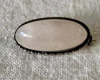 1920s Rose quartz and sterling brooch, oval cabochon rose quarts 20s pin