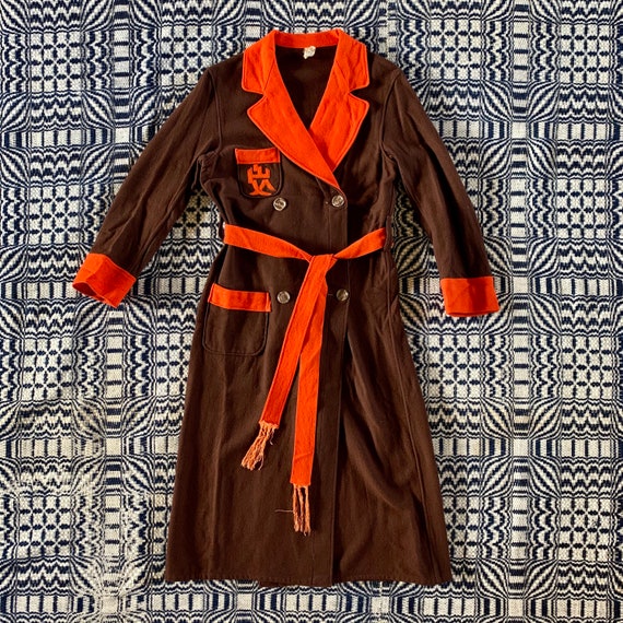 1930s Brown and Orange Wool Robe with Tie Belt and