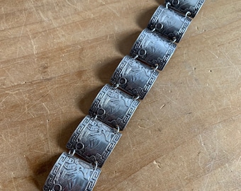 1940s / 1950s Sterling Silver Peruvian Linked Panel Bracelet, 925 Peru Plata Esterlin, Souvenir Bracelet, Incan Bracelet