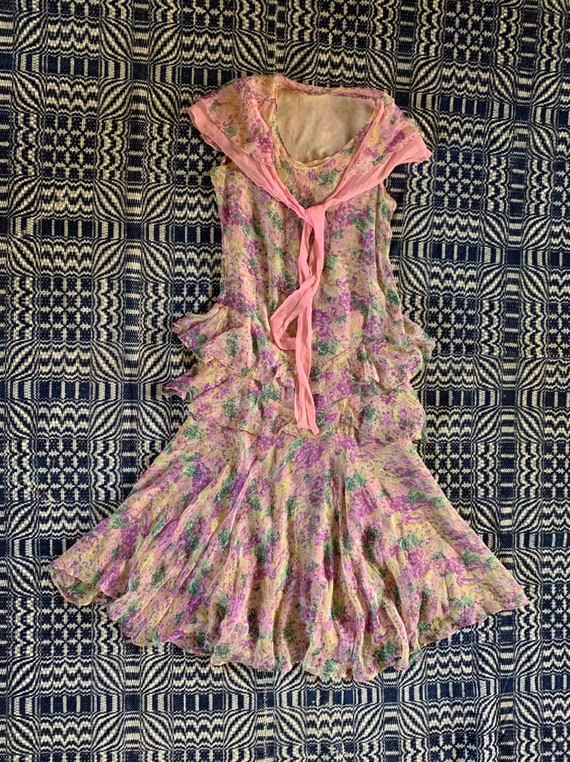Late 1920s Early 1930s Silk Chiffon Dress, Floral