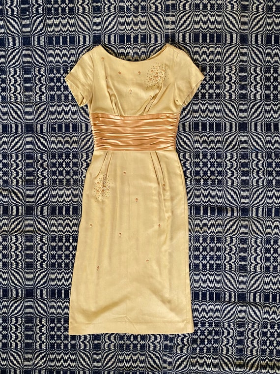 1960s pale goldenrod wiggle dress with satin sash - image 1