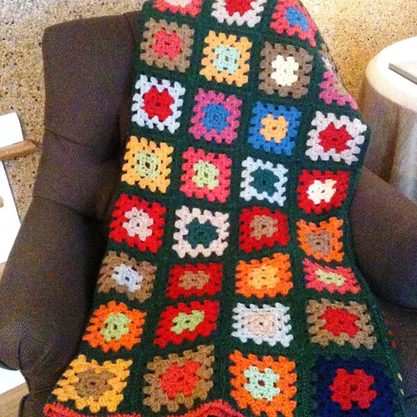 Vintage Hand Made Crocheted Afghan, Granny Square Blanket, Fall Colors Crocheted Throw