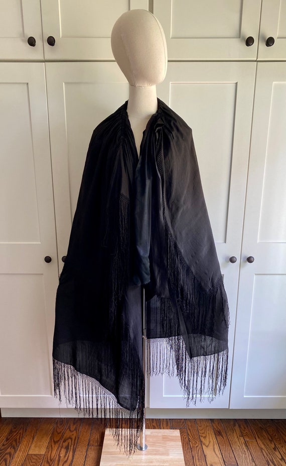 Antique black silk cape with double layer, fringe… - image 2