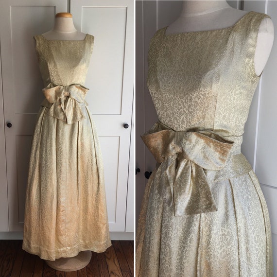 Vintage 1950s Gold Brocade Party Dress, 50s Gold E
