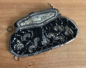 1930s Black Crepe Dance Purse with Pewter Colored Beads and Sequins, Metal Zipper and Loop Handle