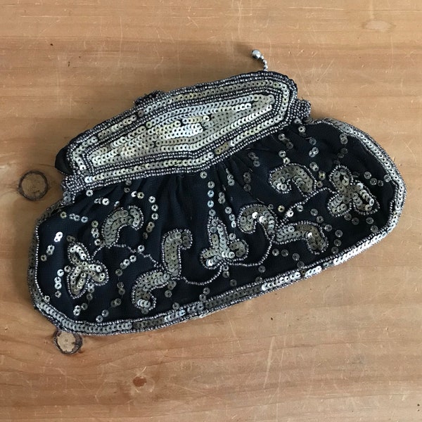 1930s Black Crepe Dance Purse with Pewter Colored Beads and Sequins, Metal Zipper and Loop Handle