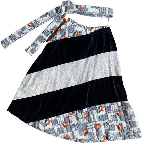 1970’s Quilted Chessa Davis Skirt, Velvet, Lace a… - image 1