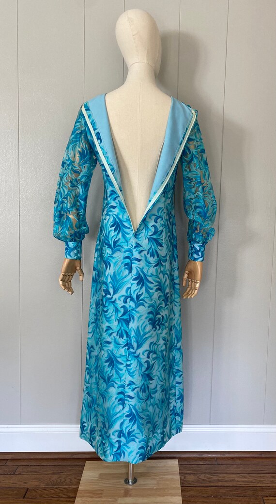 60s/70s turquoise blue floral dress, blue leaf pa… - image 6