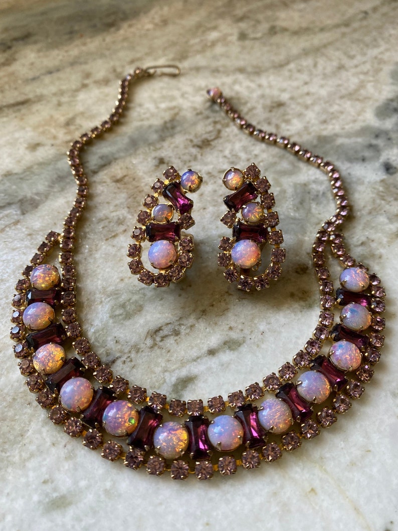 Vintage purple prong set rhinestone and faux pink opal necklace and clip on earrings set. image 2