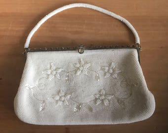 1950s/60s Beaded White Evening Bag with Top Beaded Handle, Rhinestone Details and Floral Design Wedding Purse