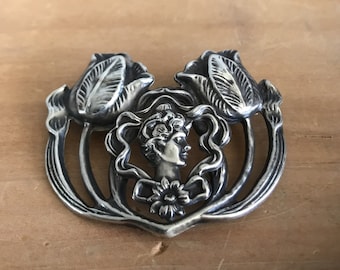 1910s Art Nouveau, Woman in Profile with Tulips, Brooch Marked Sterling Front