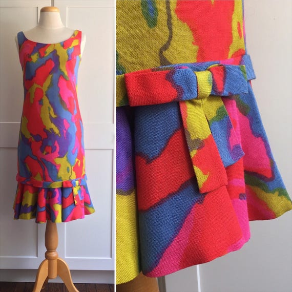 1960s Watercolor Floral Dress, Psychadellic Floral