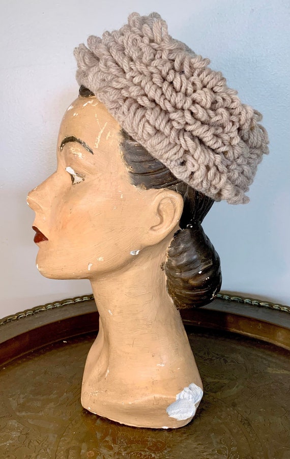 1950s Gray, Beige Loop Crocheted Pillbox Hat, Hand