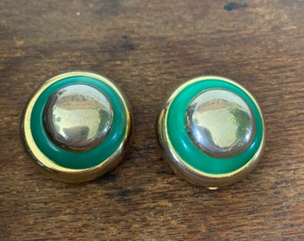 Vintage 80s Lanvin Green and Gold Button Earrings, Clip On Earrings, Designer Earrings, 1980s Lanvin Green Earrings