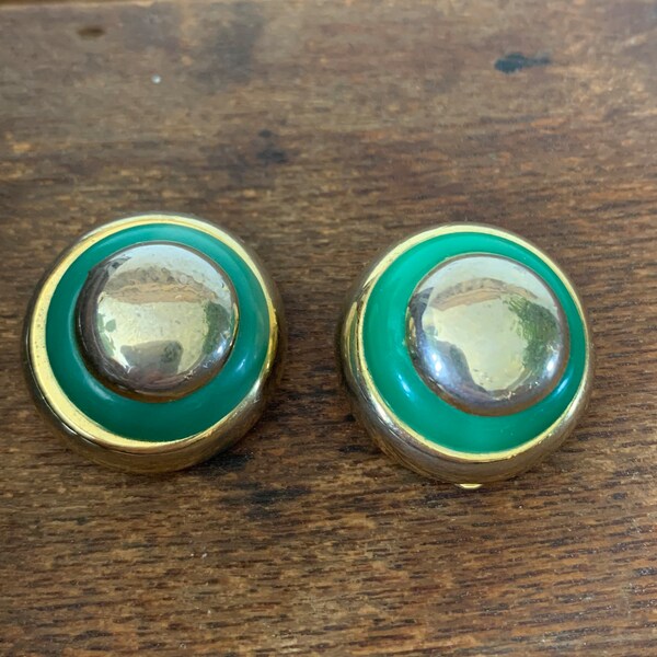 Vintage 80s Lanvin Green and Gold Button Earrings, Clip On Earrings, Designer Earrings, 1980s Lanvin Green Earrings