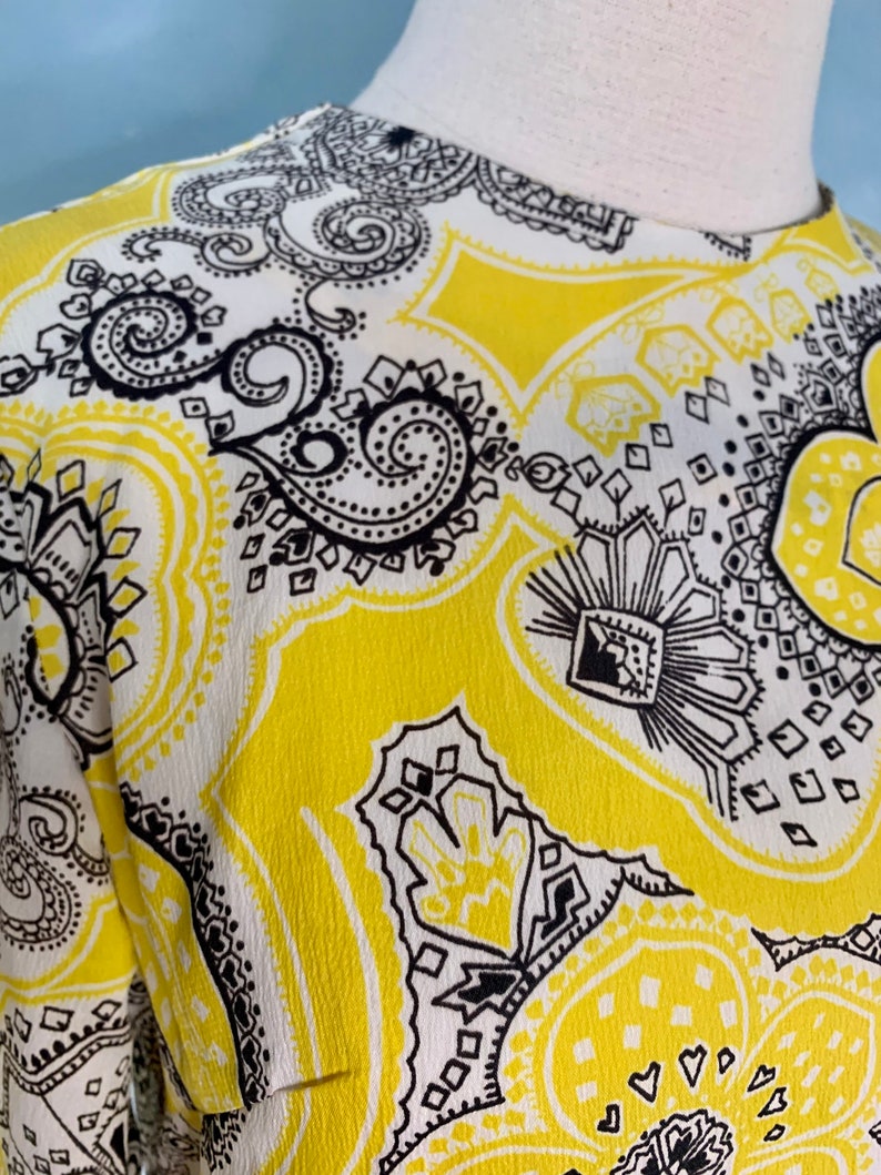 Late 60s, Early 70s Yellow and Black Paisley Mini Dress image 7