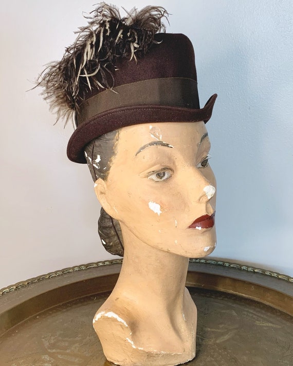 1930s/1940s Brown Felt Stetson Hat with Ostrich F… - image 1